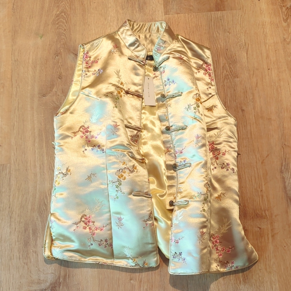 NWT Chinese Jacket Vest Golden with plum flowers